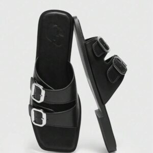 Sandalias Negras Doble Hebilla y Punta Cuadrada | Planas Mujer