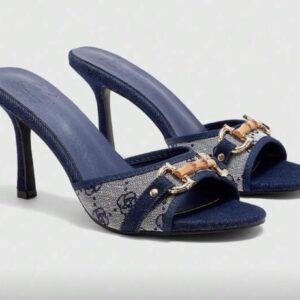Mules de Jean con Tacón de Aguja y Hebilla Dorada | Sandalias Azules
