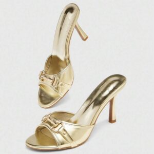 Mules Dorados de Tacón Alto con Hebilla | Zapatos de Fiesta Mujer 2026