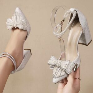 Zapatos de Novia con Perlas y Lazo | Tacón Bloque | WNZ